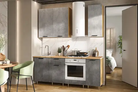 ЛДСП Кухня Рио NEW 2,0/900м (490) Компановка №2 (Бетон светлый/Бетон темный, Дуб Крафт (Дуб   вотан))