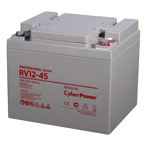 Аккумуляторная батарея CyberPower RV 12-45 / 12 В 45 Ач, напряжение 12В, емкость (разряд   20ч) 47,4Ач, макс. Разрядный ток (5 сек) 500А, макс зарядный ток 13,5А,   свинцово-кислотная (AGM), клемма М6, ДхШхВ 197х165х170мм., высота с клеммами   170, в