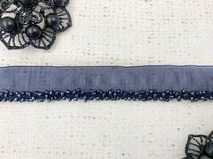 Кант на органзе с бисером, ш. 1 см, бисер ш. 0,5 см, тёмно-синий