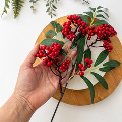 №2 Ягоды рябины на ветке, цвет красный, 53 см, набор 2 ветка.