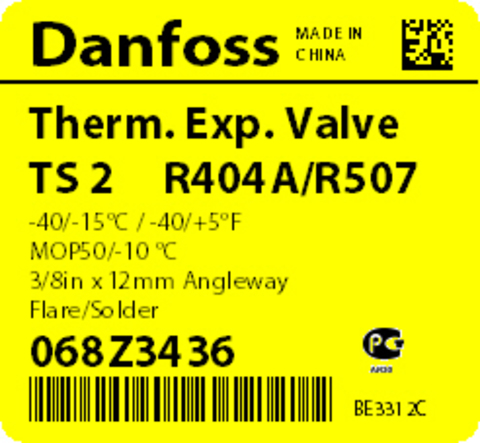 Корпус клапана Danfoss TS 2/TES 2 068Z3436 (R404A/R507, MOP 50) с термочувствительным элементом под отбортовку/под пайку