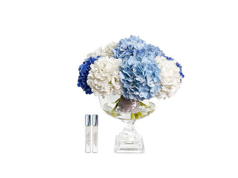 Ароматизированный букет гортензий 2 спрея 10мл Cote Noire Provence Hydrangea Bouquet голубой в прозрачной вазе с серебряным декором