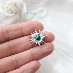 Подвеска Солнце с эмалью, зелёный, 22*23 мм, родий, П1034