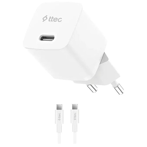 Зарядное устройство TTEC SmartCharger GAN 20W USB-C PD Travel Fast Charger с кабелем USB-C-USB-C 60W. Длина кабеля: 120см, белый