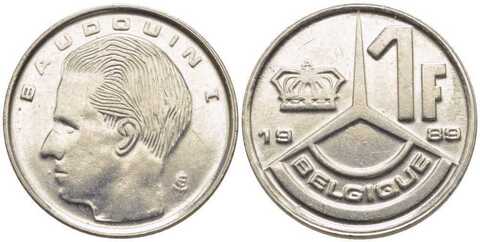 1 франк 1989-1993 г. Бельгия (случайный год) XF-AU