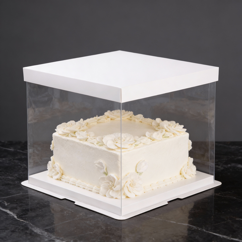 Прозрачная коробка для торта с пьедесталом (аквариум) 43,5*43,5*38 см, квадратная, белый