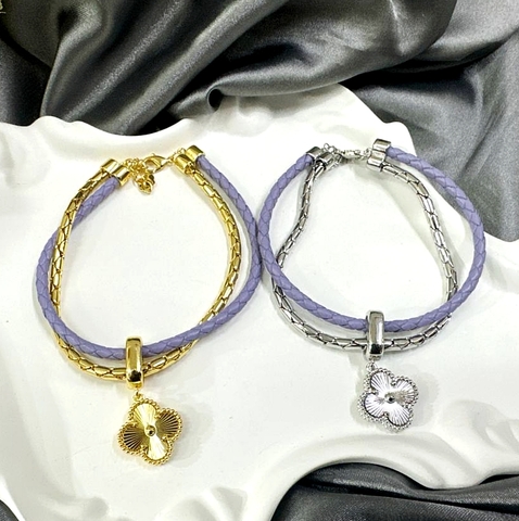 Браслет TRENDY двойной с подвеской клевер гильошесеребро/золото