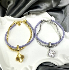 Браслет TRENDY двойной с подвеской клевер гильошесеребро/золото