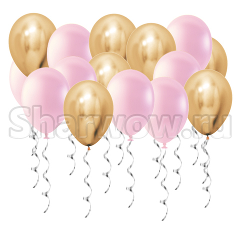 Воздушные шары под потолок Золото хром и розовый перламутр