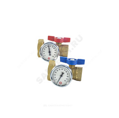 Комплект шаровых кранов латунь R287M Ду 25х40 Ру35 ВР/нак. гайка бабочка c термометром Giacomini R287MY005