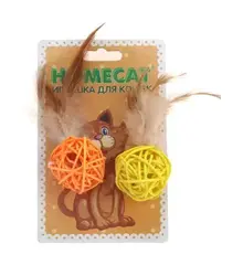 Homecat игрушка для кошек мячи из ротанга с пером и колокольчиком 2 шт 4 см