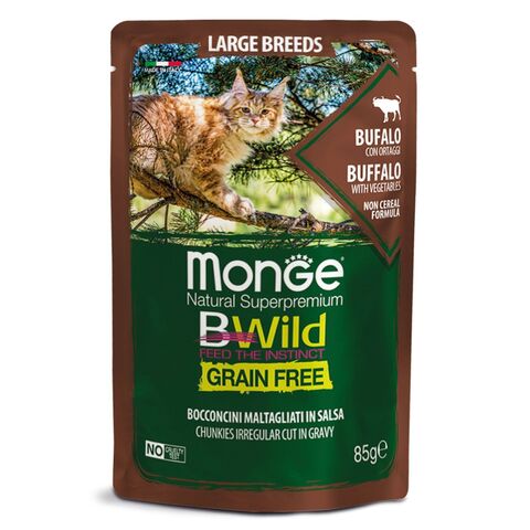 Влажный корм Monge Cat BWild GRAIN FREE для котят и кошек крупных пород, из мяса буйвола с овощами, паучи