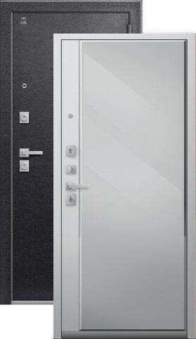 Теплая дверь входная Центурион С-104 зеркало (2026), 2 замка, 2 мм металл, (черный муар+белый кашемир)