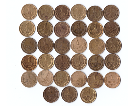Комплект монет СССР 1 копейка (33шт.) 1938,46,49,50,52,53,57,61-91г.