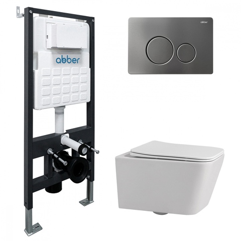 Abber AC1201-AC0105-AC0121NG Комплект подвесной Унитаз Abber Rechteck AC1201 белый с инсталляцией AC0105 и кнопкой AC0121NG никель