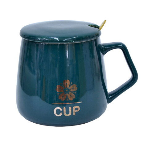 Керамическая кружка с крышкой и ложкой, темно-зеленый, 9.5x7.7 см, 400 мл