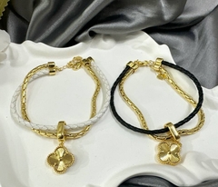 Браслет TRENDY двойной с подвеской клевер гильошесеребро/золото