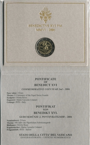 2 евро Ватикан 2006 год Швейцарская гвардия в буклете