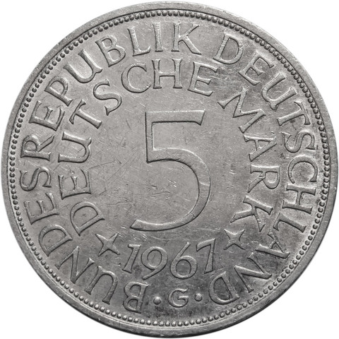 5 марок. Германия. (G). Серебро. 1967 год. XF-AU