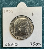 K16921 1935 Германия 5 марок рейхсмарок Гинденбург F Ag-900, 13.88 gr