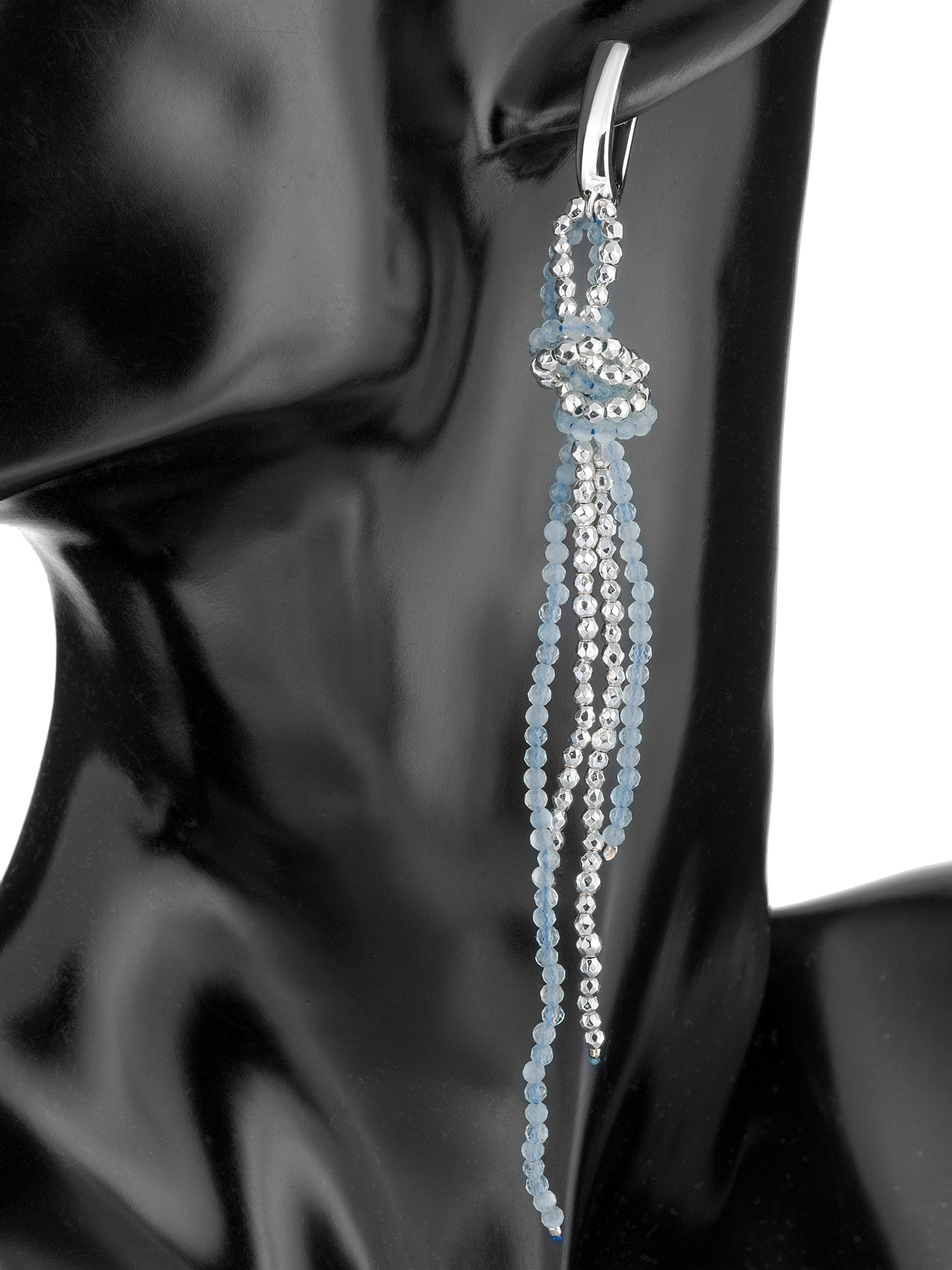 Длинные серьги висячие с аквамарином и гематитом