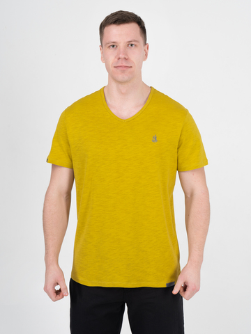 Мужская футболка «Великоросс» горчичного цвета V ворот