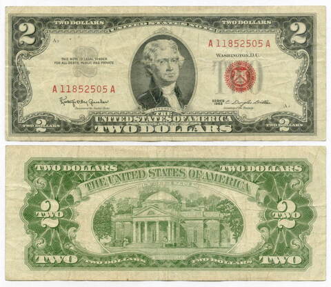 Банкнота США 2 доллара 1963 A 11852505 A. F-VF