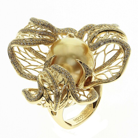 Кольцо Физалис с золотым морским жемчугом и бриллиантами, R0111-0/3