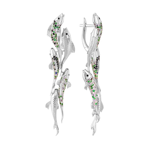 Серьги Рыбы с Цветными Сапфирами, Цаворитами и Бриллиантами, E0251-1/4
