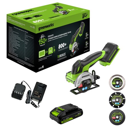 Угловая мини-шлифмашина акк. Greenworks GD24UCS, 24V, б/щет, 20000 об/мин,76 мм, рез 18 мм,1х2Ач,ЗУ,кор (3402007CUA)