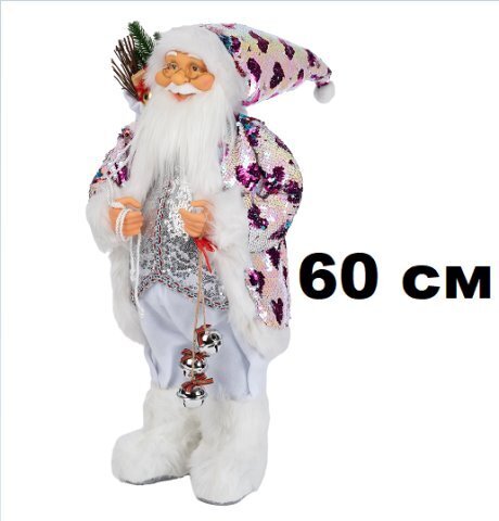 Дед Мороз 60см в костюме с сердечками с 2-х сторонними  паетками, в пакете 212417