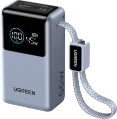 Внешний аккумулятор UGREEN PB727 (75701B) Fast Charging 10000mAh USB-C&USB-A 55W о встроенным кабелем USB-C Power Bank,  серый космос