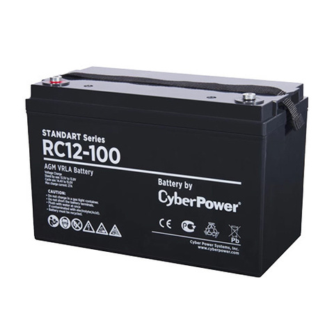 Аккумуляторная батарея CyberPower RC 12-100 / 12 В 100 Ач, напряжение 12В, емкость   (разряд 20ч) 102,2Ач, макс. разрядный ток (5 сек) 950А, макс зарядный ток   27А, свинцово-кислотная (AGM), клемма М8, ДхШхВ 330х173х215мм., высота с   клеммами220, в