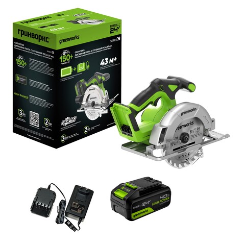 Дисковая пила акк. Greenworks GD24CS165, 24V,б/щет,165х20мм, 4800 об/мин, рез 57мм,1х4Ач,ЗУ,кор (1501607CUB)