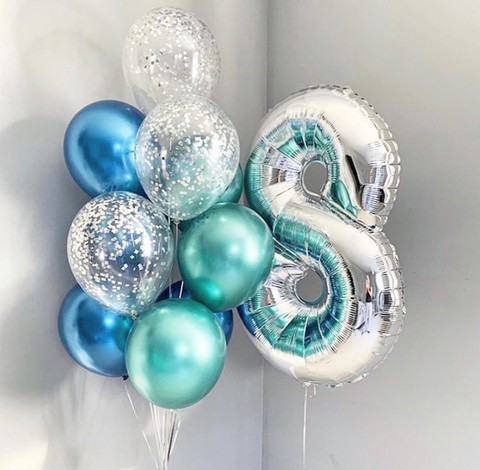 гелиевые шары на день рождения мальчику 8 лет, шар цифра 8, латексные шары хром