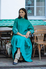 Полюшка. Платье льняное макси асимметричное с вышивкой PL-422569