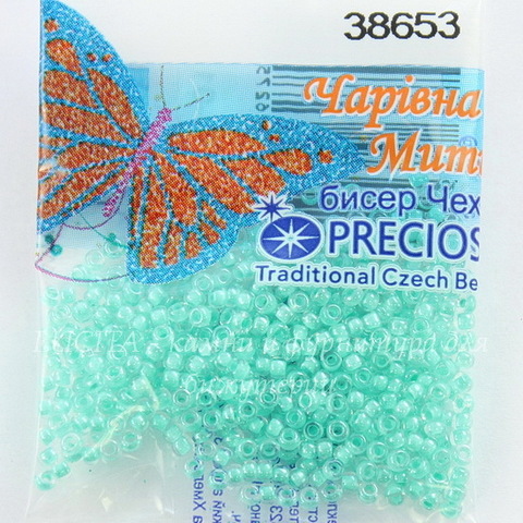38653 Бисер 10/0 Preciosa Кристалл блестящий со светло-бирюзовым центром