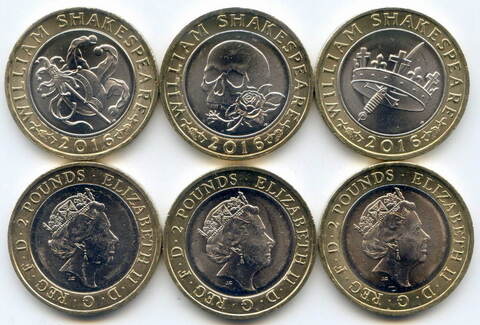 Набор из 3 монет 2 фунта Великобритания 2016 год. 400 лет со дня смерти Шекспира. Биметалл UNC