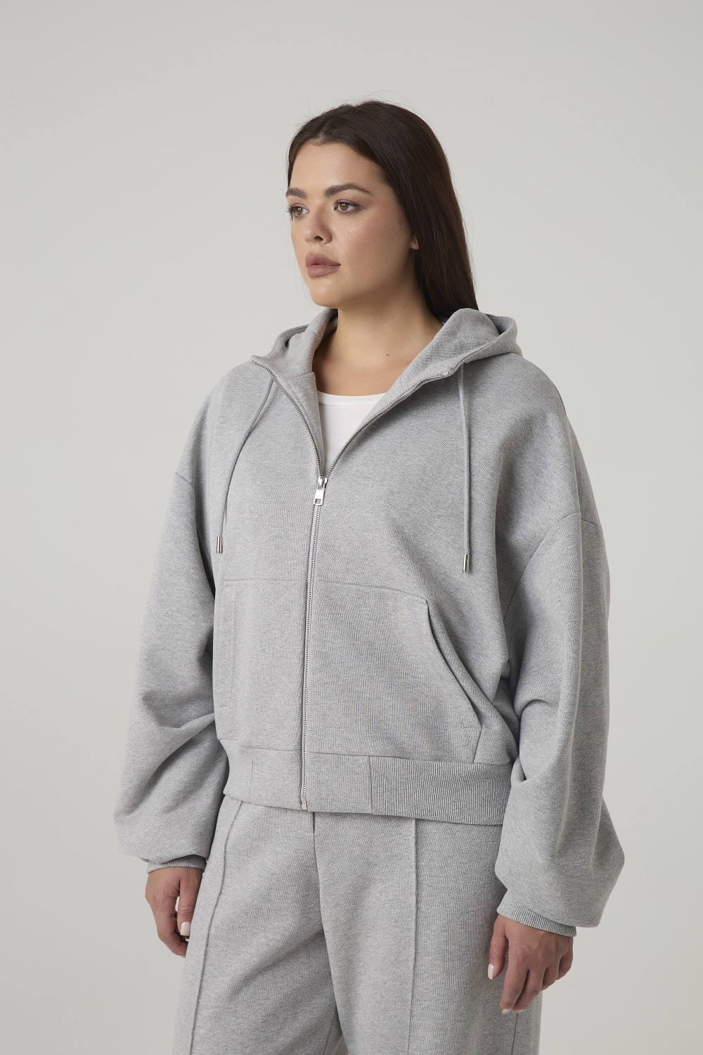 Худи на молнии из футера с капюшоном, серый меланж