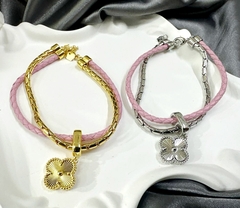 Браслет TRENDY двойной с подвеской клевер гильошесеребро/золото