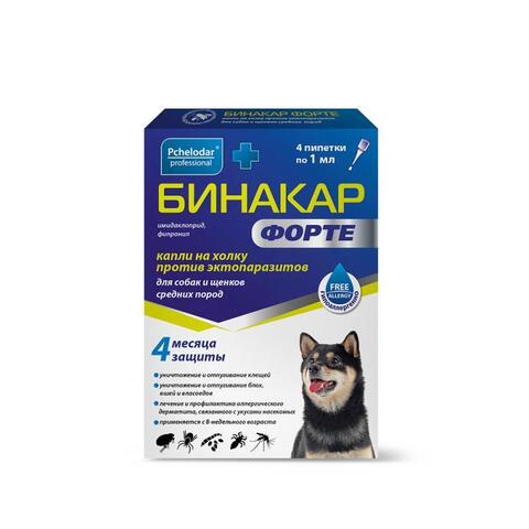Бинакар Форте для собак и щенков средних пород, капли на холку, 4 пипетки по 1 мл