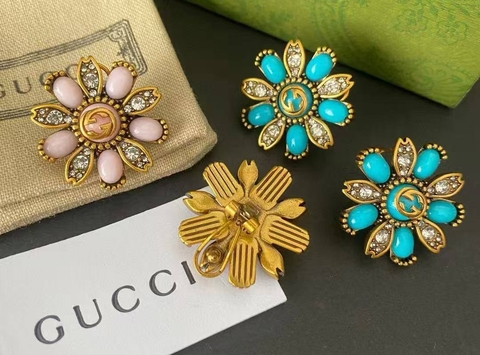 Серьги РОМАШКИ с голубыми / розовыми вставками (цвет бронза) GUCCI