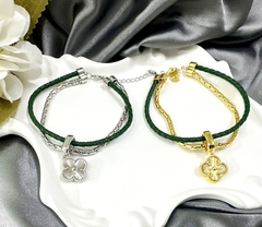 Браслет TRENDY двойной с подвеской клевер гильошесеребро/золото