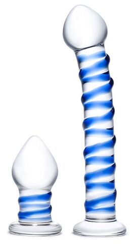 Набор из 2 стеклянных игрушек с синей спиралью Swirly Dildo & Buttplug Set - Glas GLAS-SET-04