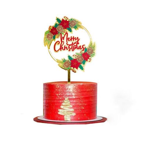 Топпер «Merry Christmas» золотой с красными цветами