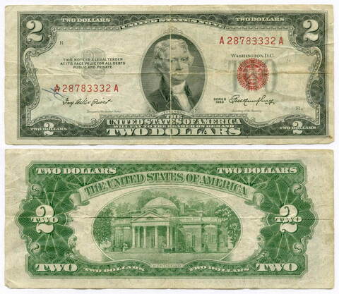 Банкнота США 2 доллара 1953 A 28783332 A. VG (надпись)