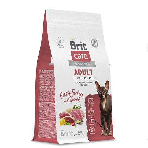 Сухой корм Brit Care Cat Adult Delicious Taste, с индейкой и уткой, для взр.привередлив кошек,400 г.