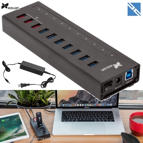 Разветвитель портов Xcellon 10-Port USB 3.0 с питанием алюминий 3 порта зарядки USB 3.2 Gen 1 Type A