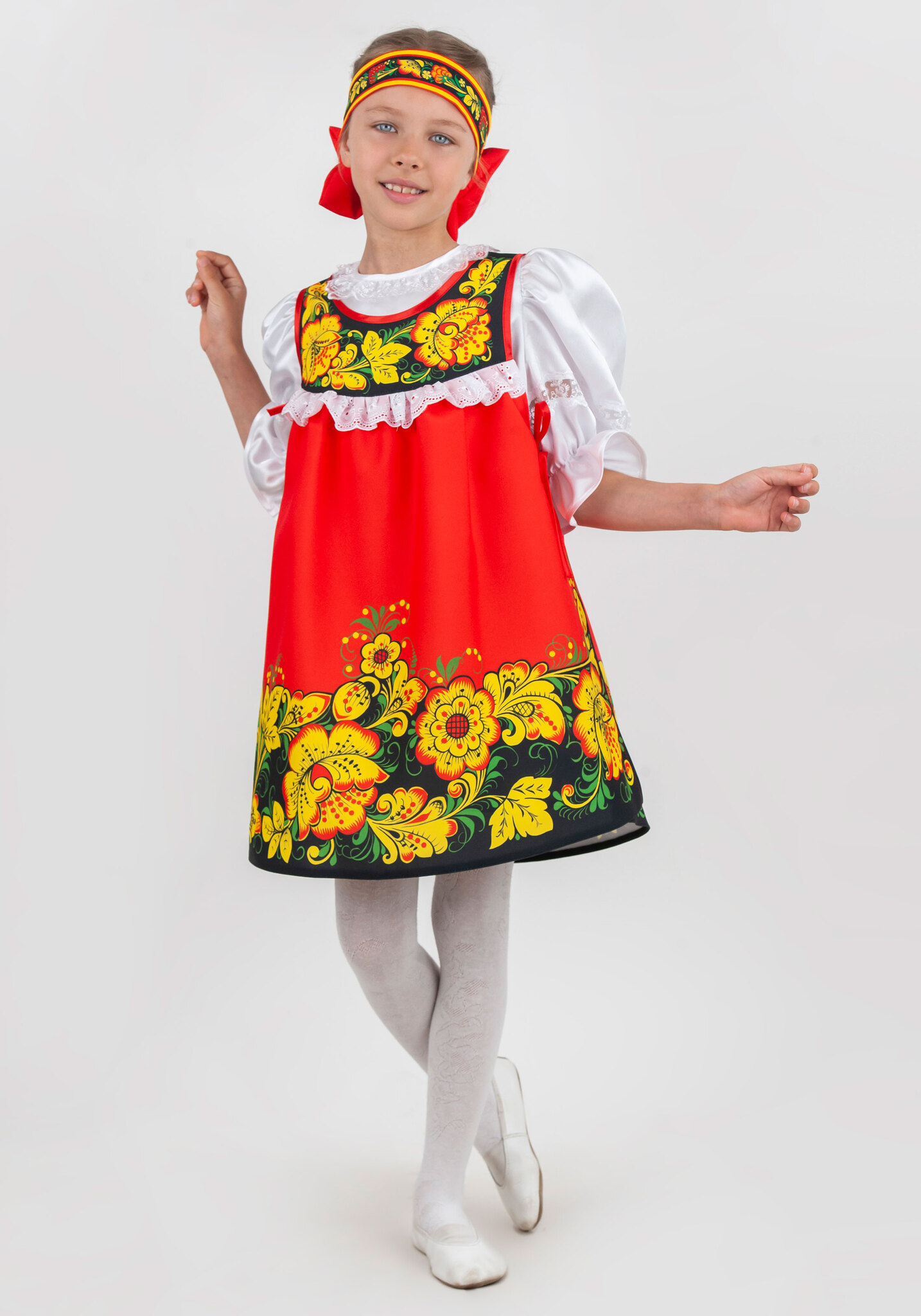 Русский народный костюм для девочки с кокошником, р-р 68, рост 134 см, красно-бежевые узоры