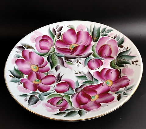 Редкое блюдо круглое большое для сервировки фарфор "Марьины коренья", ручная роспись, цветы, золочение, винтаж СССР 1980-1991 гг